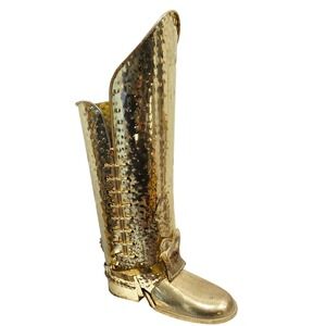 Vintage Hammered Brass Boot Umbrella Stand with Spurs Walking Stick Holder